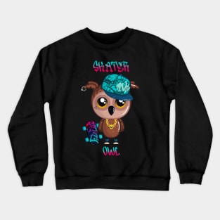 Skater Owl with Skateboard and Cap Crewneck Sweatshirt